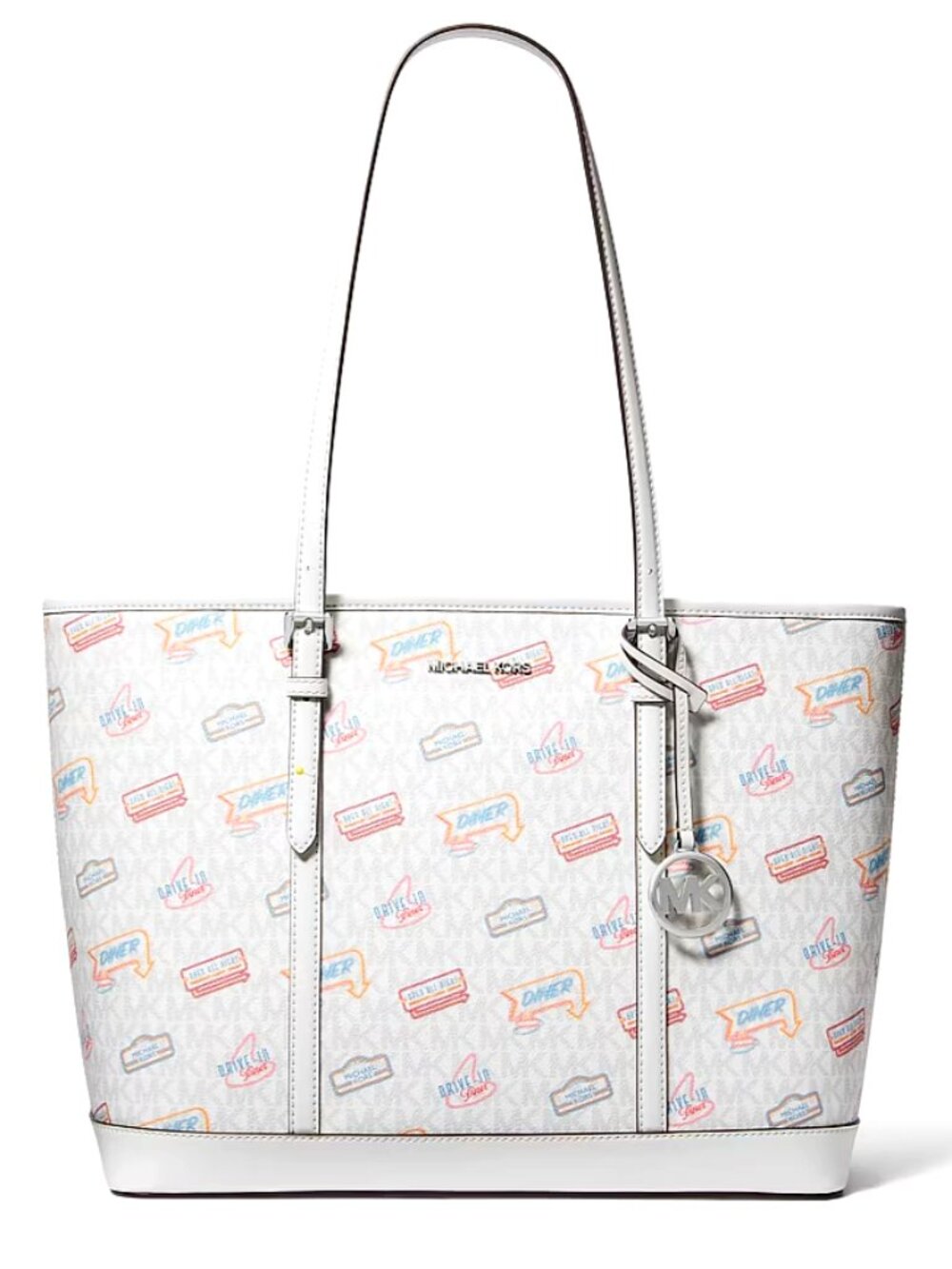 New Michael Kors Jet Set Travel Large Signature Logo Tote Bag Optic White